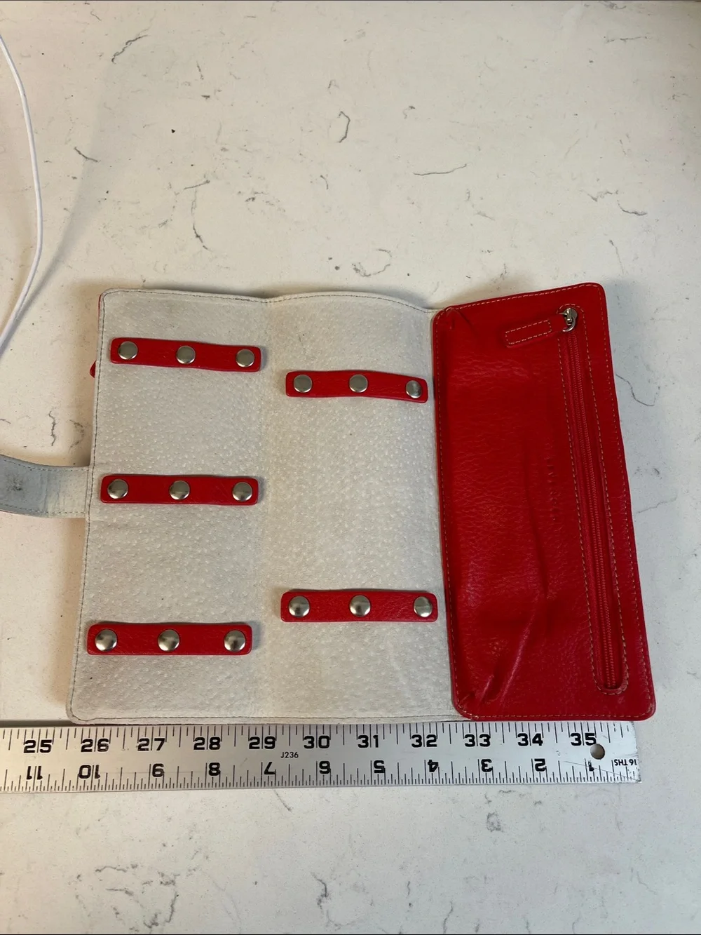 Levenger Red Leather Folded Travel Snap Trifold Jewelry Roll Case - Tech Case